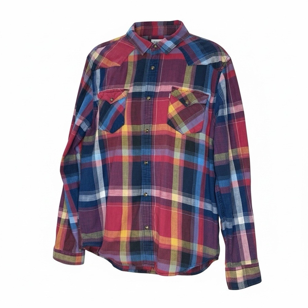 Levi's Top Women XL Plaid Red Blue Western Long Sleeve Pearl‎ Snap Country